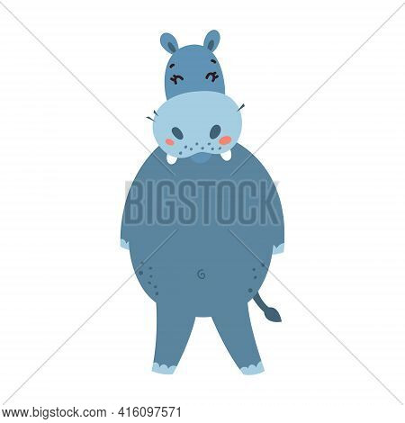 Hippo Flat Style Vector. Wild Herbivorous Animal. African Fauna Species. Violet Hippopotamus Cartoon