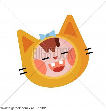 Cheerful Head Of A Smiling Kitten Girl. Cartoon Color Vectron Illustration With Character