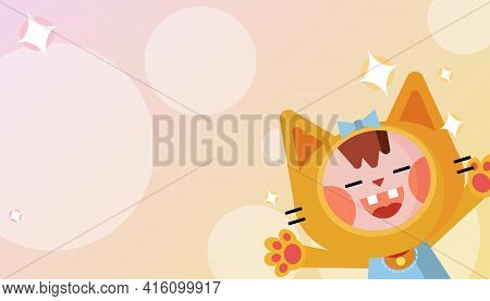 Cheerful Little Kitten Girl Smiling. Cartoon Color Vectron Illustration With Character