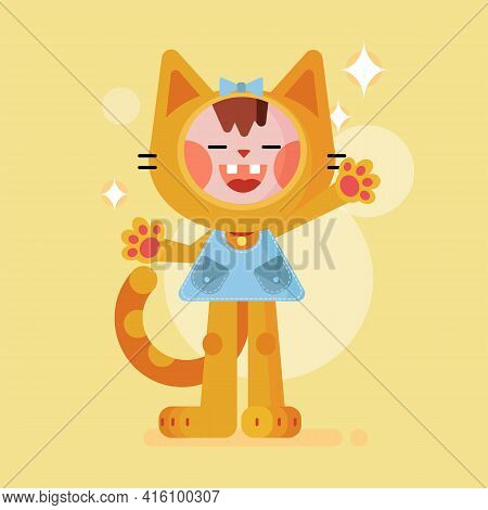 Cheerful Little Kitten Girl Smiling. Cartoon Color Vectron Illustration With Character