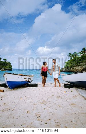 Playa Lagun Beach Cliff Curacao, Beautiful Tropical Bay With White Sand And Blue Ocean Curacao Carib