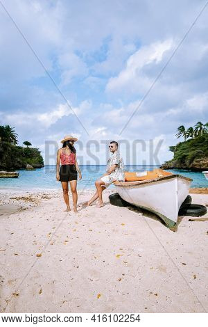 Playa Lagun Beach Cliff Curacao, Beautiful Tropical Bay With White Sand And Blue Ocean Curacao Carib