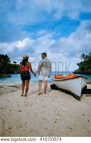 Playa Lagun Beach Cliff Curacao, Beautiful Tropical Bay With White Sand And Blue Ocean Curacao Carib