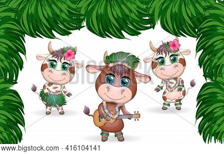 Tropical New Year 2021, Celebration. Group Of Cows And Bulls As Hula Dancers With Acoustic Ukulele G