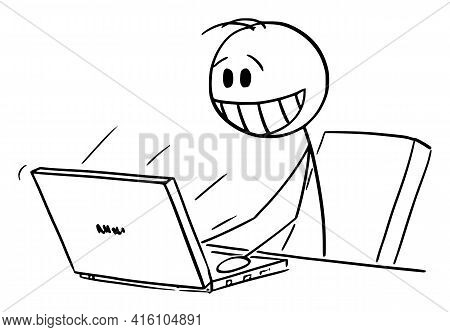 Happy Smiling Man Or Businessman Working On Computer In Office,  Cartoon Stick Figure Illustration