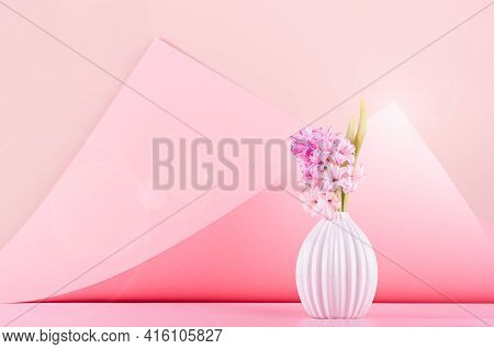 Bright Delicate Spring White Hyacinth Bouquet In Ceramic Vase With Sunlight, Sun Flare On Pastel Pin