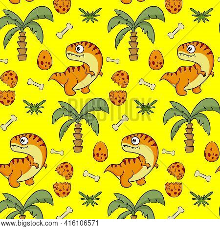 Cute Funny Dinosaur Pattern. Colorful Dinosaur Vector Background. Background For Textiles.