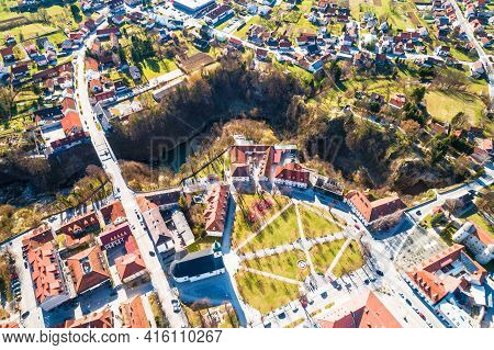 Town Of Ogulin And Dobra River Canyon Aerial Panoramic View, Landscape Of Central Croatia