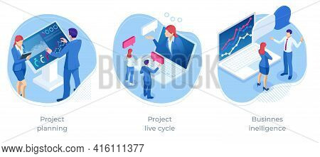 Isometric Concept Of Business Assistance. Interactive Information Kiosk, Advertising Display, Termin