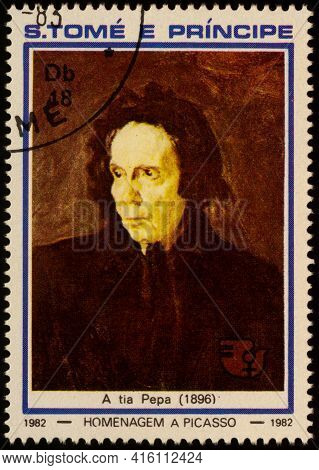 Moscow, Russia - April 07, 2021: Stamp Printed In Sao Tome And Principe, Shows Portrait Of Aunt Pepa