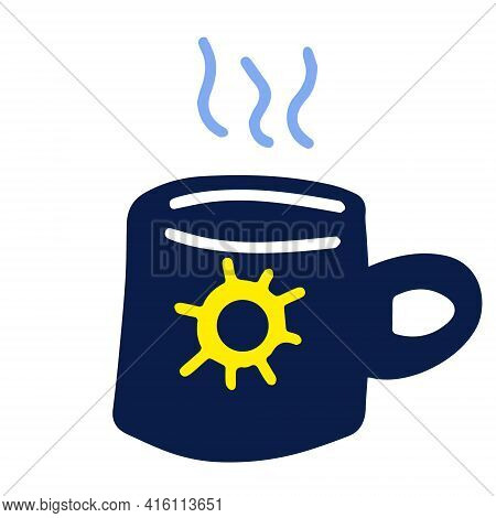 A Cute Mug With The Sun Painted On It, Hand-drawn In A Doodle Style. Vector Illustration For Childre
