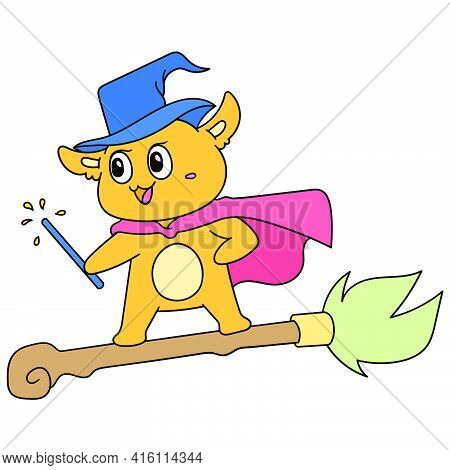 A Dog Witch With A Magic Wand Flew On A Broomstick, Character Cute Doodle Draw. Vector Illustration
