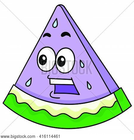 A Cut Of Watermelon With A Gawk On Its Face, Character Cute Doodle Draw. Vector Illustration