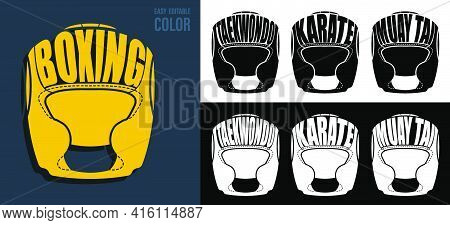 Volumetric Letters With Name Boxing, Taekwondo, Karate On Background Of Sports Protective Helmet. El