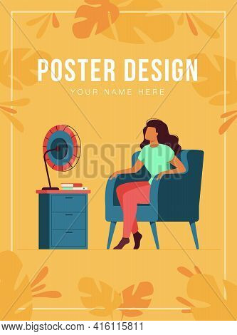 Woman Conditioning Air At Home, Feeling Hot, Trying To Cool And Sitting Gat Fan. Vector Illustration