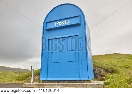 Huge Mailbox In Sandoy Island. Faroe Islands Tourism Highlight