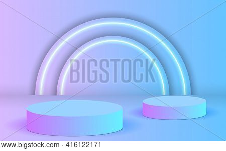 Realistic Halographic Podium On A Bright Background. Elegant Halographic Stage With Empty Cylindrica
