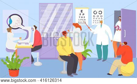 Medical Ophthalmology Care About Patient Eyes, Vector Illustration. Ophthalmologist Doctor Character