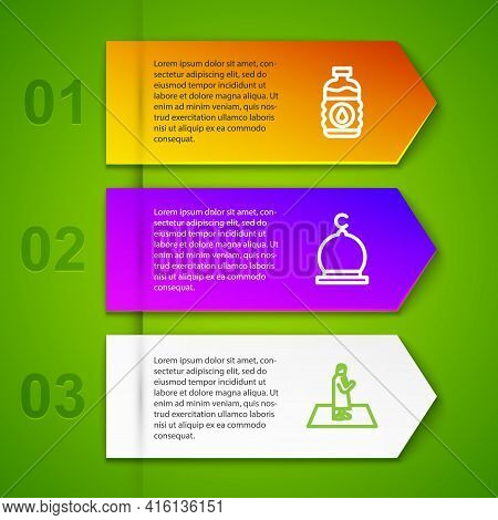 Set Line Bottle Of Water, Muslim Mosque And Man Prays. Business Infographic Template. Vector