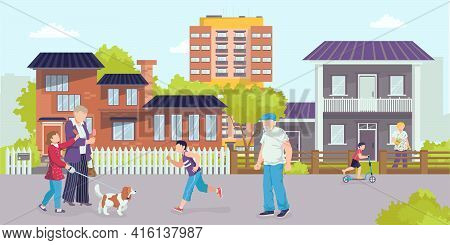 District Street, Vector Illustration. Urban Architecture With Elderly Man Woman People Character, Ca