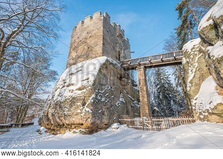 Medieval Castle Kokorin In Winter During Sunrise. National Park Kokorinsko Nearby Prague In Czech Re