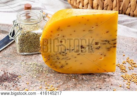 Cheese Collection, Piece Of Hard Yellow Dutch Gouda Cheese With Dried Caraway Or Cumin Seeds
