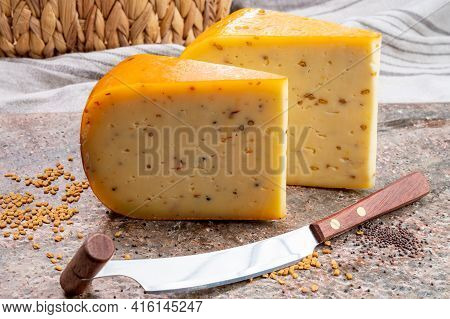Cheese Collection, Pieces Of Hard Yellow Dutch Gouda Cheese With Dried Caraway, Mustard, Cumin, Fenu