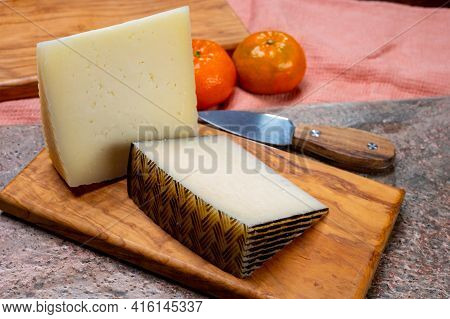 Cheese Collection, Pieces Of Hard Spanish Manchego Curado, Viejo And Iberico Cheeses