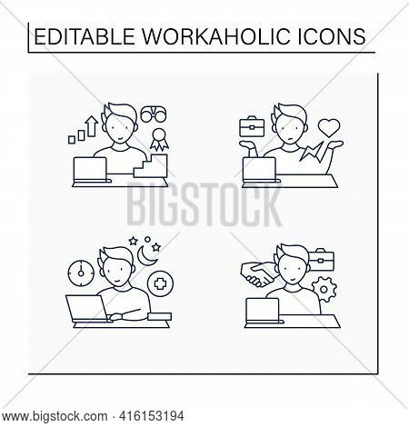 Workaholic Line Icons Set. Workaholism Prevention, Consequences. Workaholism Treatment, Ethic, Dilem