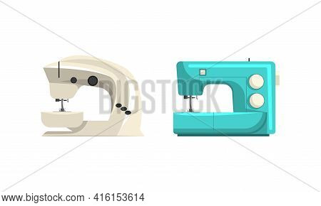 Modern Sewing Machines Set, Dressmaker Sewing Equipment Flat Vector Illustration