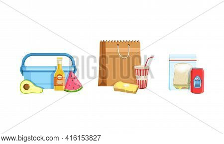 Lunch Boxes Set, Healthy Food Packages With Avocado, Watermelon, Juice Bittle, Sandwich Vector Illus