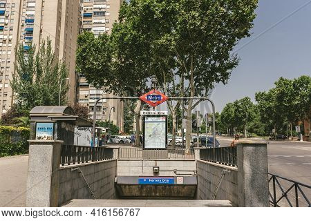 Madrid, Spain - August 6, 2018 - Entrance To The Subway Station Herrera Oria