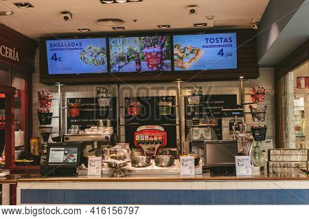 Madrid, Spain - August 6, 2018 - Coca Cola Distributor At A Restaurant In Madrid's Herrera Oria Dist
