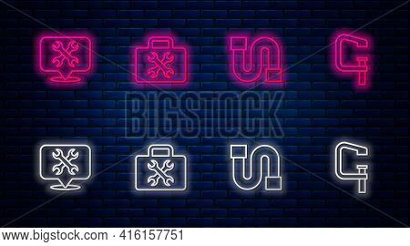 Set Line Toolbox, Industry Pipe, Location With Wrench And Clamp And Screw Tool. Glowing Neon Icon On