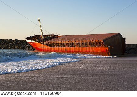 Anglet, France, March 9: Luno Shipwreck On The Beach Of Anglet, South France 2014