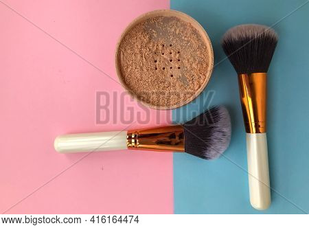 Close Up Make Up Brush. Fashion Cosmetic Makeup Autumn Set. Trendy Brushes, Art Fashionable Layout.