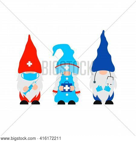 Cute Cartoon Medical Gnomes. Funny Nurse And Doctors Characters . Vector Template For Banner, Poster