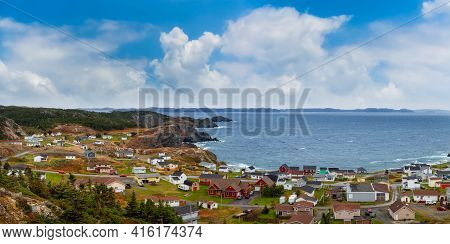 Panoramic View Of A Small Town On The Atlantic Ocean Coast. Colorful Blue Sky Art Render. Taken In C