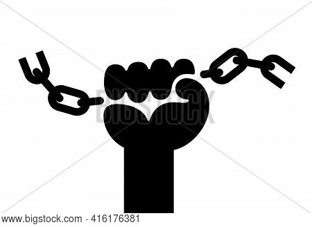 Raised Human Hand Gripping A Broken Chain. Black And White Vector Illustration