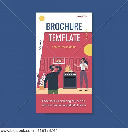 Gas Leaking At Home. People Panicking About Fire On Cooktop Flat Vector Illustration. Fire Safety, F