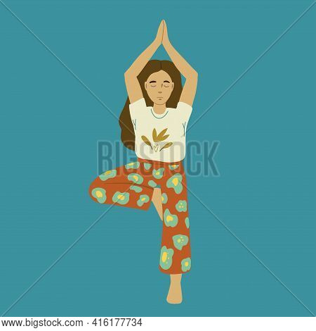 Young Beautiful Woman In Floral Pants In Yoga Asana. Mental Health And Self Care Feminine Illustrati