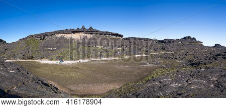 Clear Blue Sky And View On Roraima Tepuy, A Black Volcanic Moon Surface, Gran Sabana. Venezuela 2015