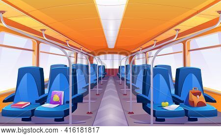 School Bus Interior With Blue Seats. Vector Cartoon Empty Passenger Cabin Of Public City Transport I