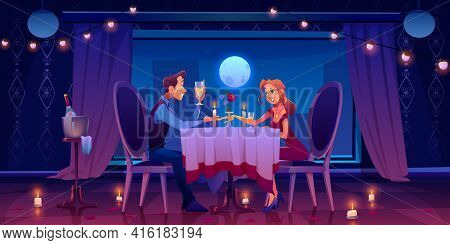 Couple Romantic Date Dinner, Man Holding Woman Hand Sitting At Served Table In Dark Room At Window W