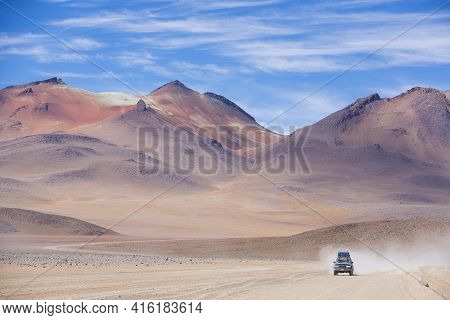 Atacama Desert, Bolivia, December 31: Off-road Vehicle Driving In The Atacama Desert, Bolivia With M
