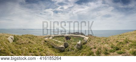 Panorama Of The Remains Of A German Bunker Of World War Ii At Cezembre Island With Saint Malo In The