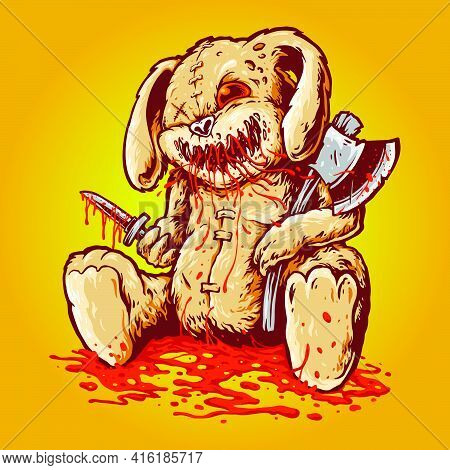 Creepy Bloody Rabbit Doll Carrying Axe & Dagger Illustrations For Your Work Logo, Mascot Merchandise