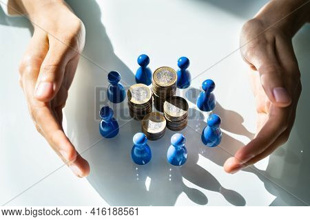 Crowdfund And Business Philanthropy. Protect Finance Surrounded By Figures