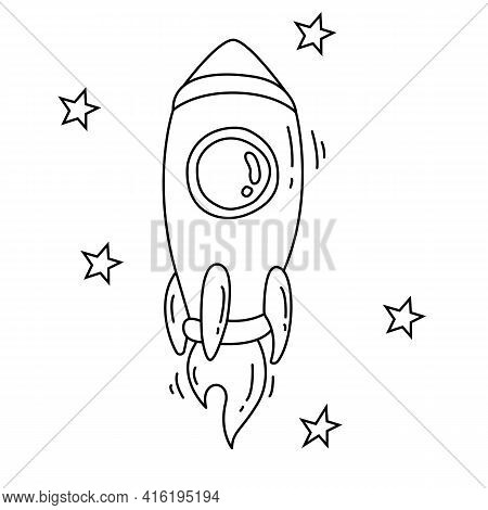 Spaceship In The Stars Or Rocket Ship With Fire Black Line Icon. New Project Starting, Start Up Laun