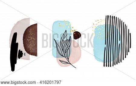 Abstract Shape Watercolor Painting Blue Brwon Icon Set. Minimalist Wall Art, Interior Decor. Grunge 
